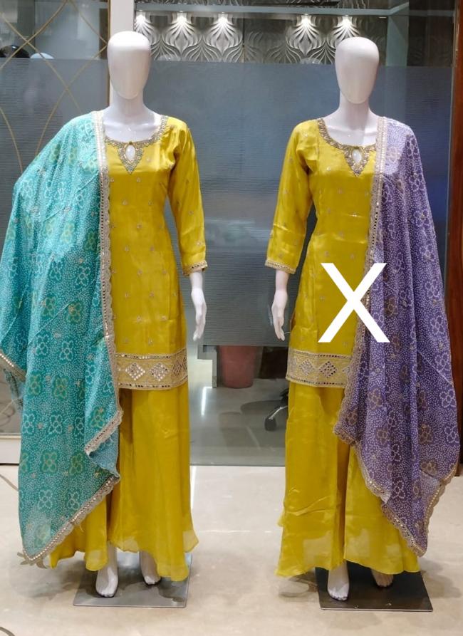 Chiffon Yellow Party Wear Sequins Work Readymade Plazzo Suit